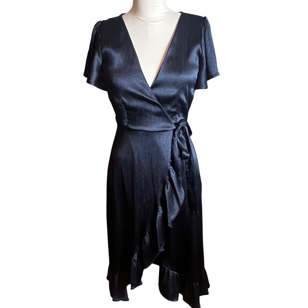 Blue Rain Francescas Navy Blue Satin Wrap High Low Ruffle Dress Small